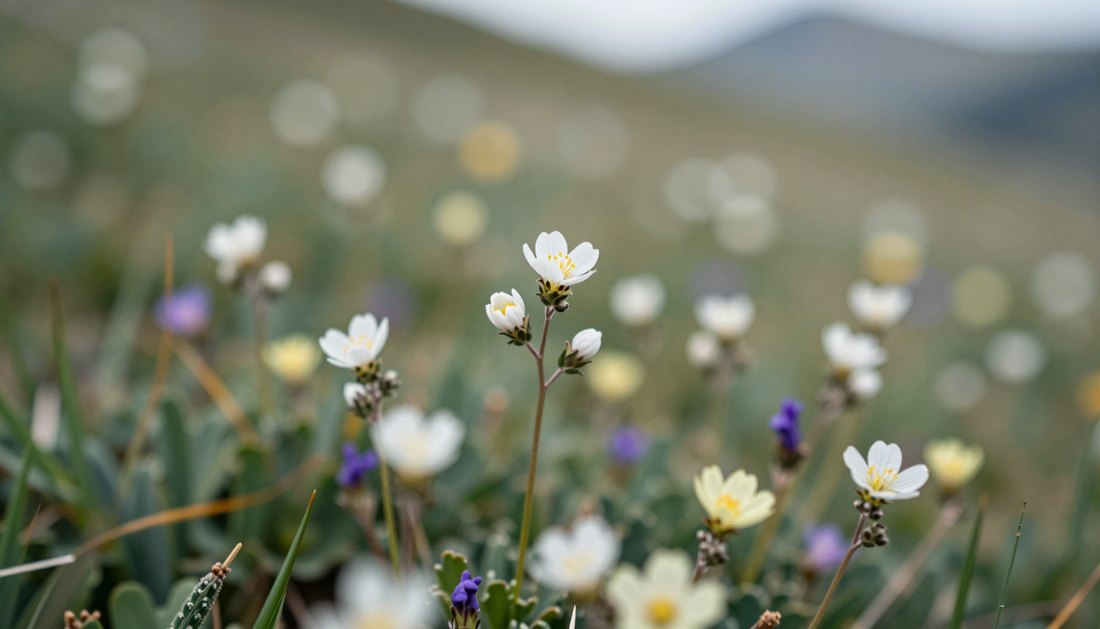 Petites fleurs sauvages blanches et violettes dans une prairie d&rsquo;altitude